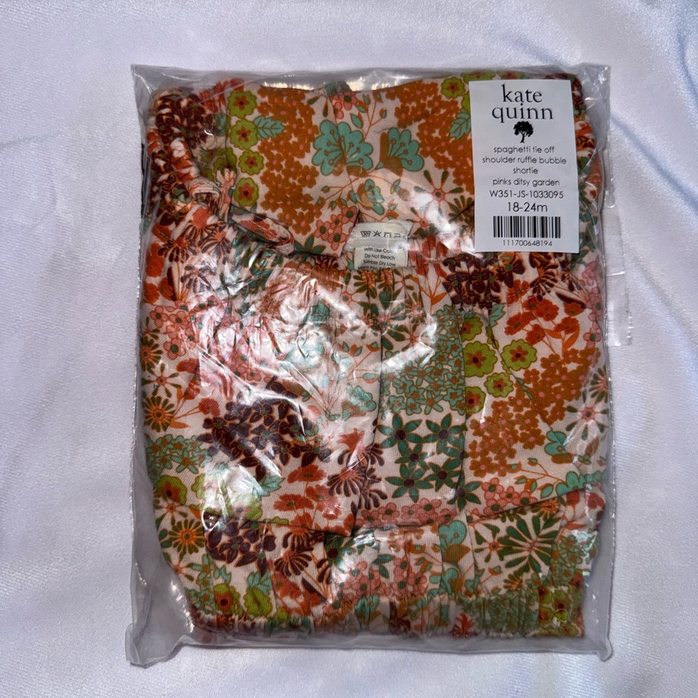 kate quinn Floral Patchwork Baby Romper in Orange, Teal & Brown